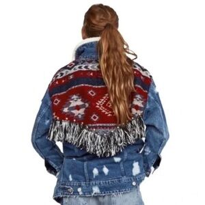 Zara Womens Aztec Southwestern Knit Fringe Sherpa Lined Long Denim Jacket Size M